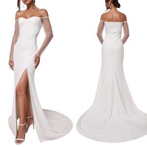 Lulus Eternally Beloved White Mesh Off-the-Shoulder Pearl Maxi Dress M NWT